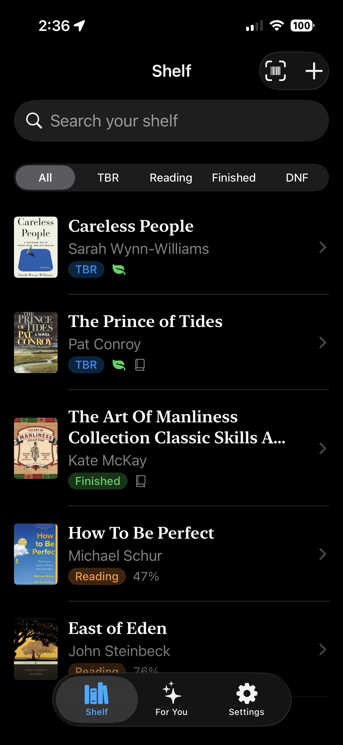 Your bookshelf with freshness badges and filters