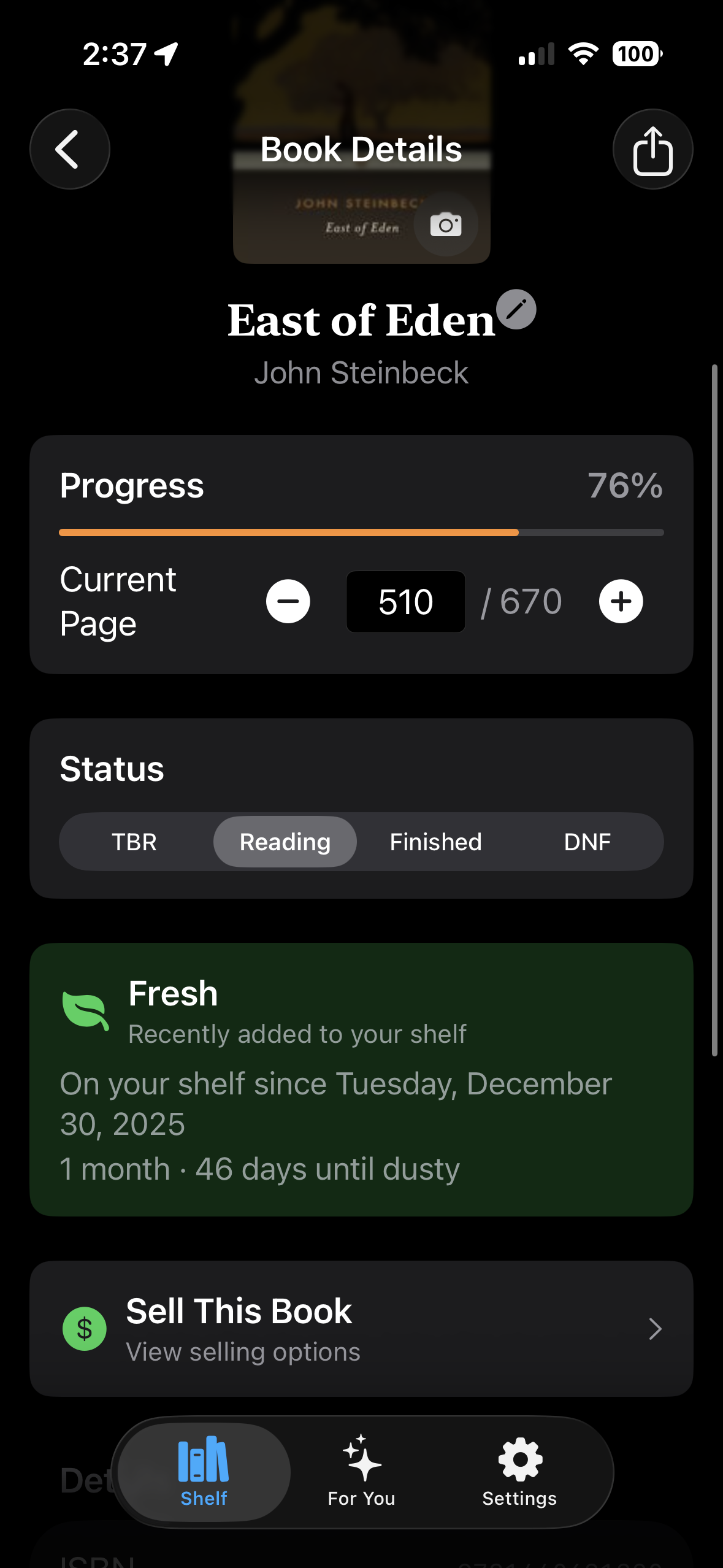Book detail view with progress tracking