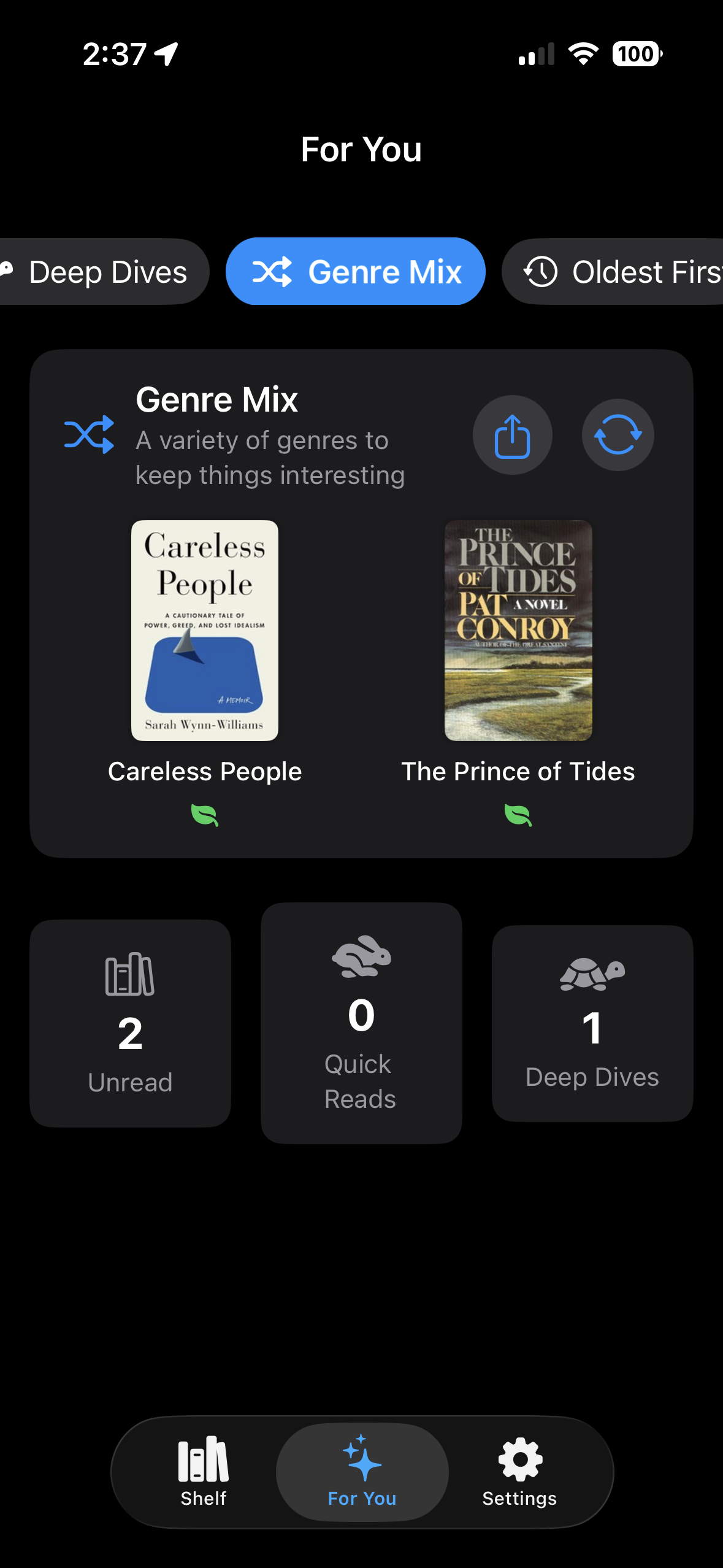 For You tab with personalized reading recommendations