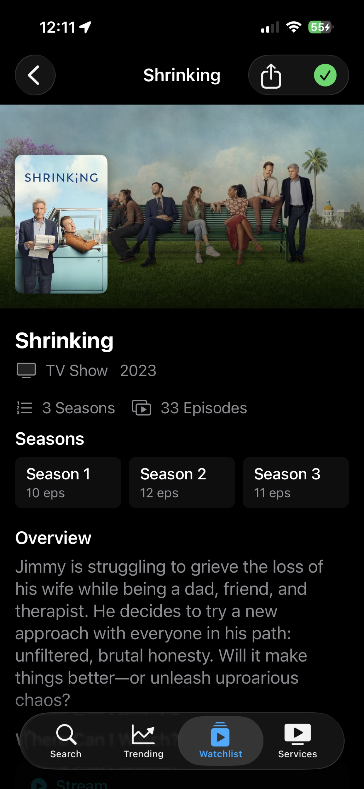 Detail view showing Shrinking TV show with seasons, episodes, overview, and streaming providers