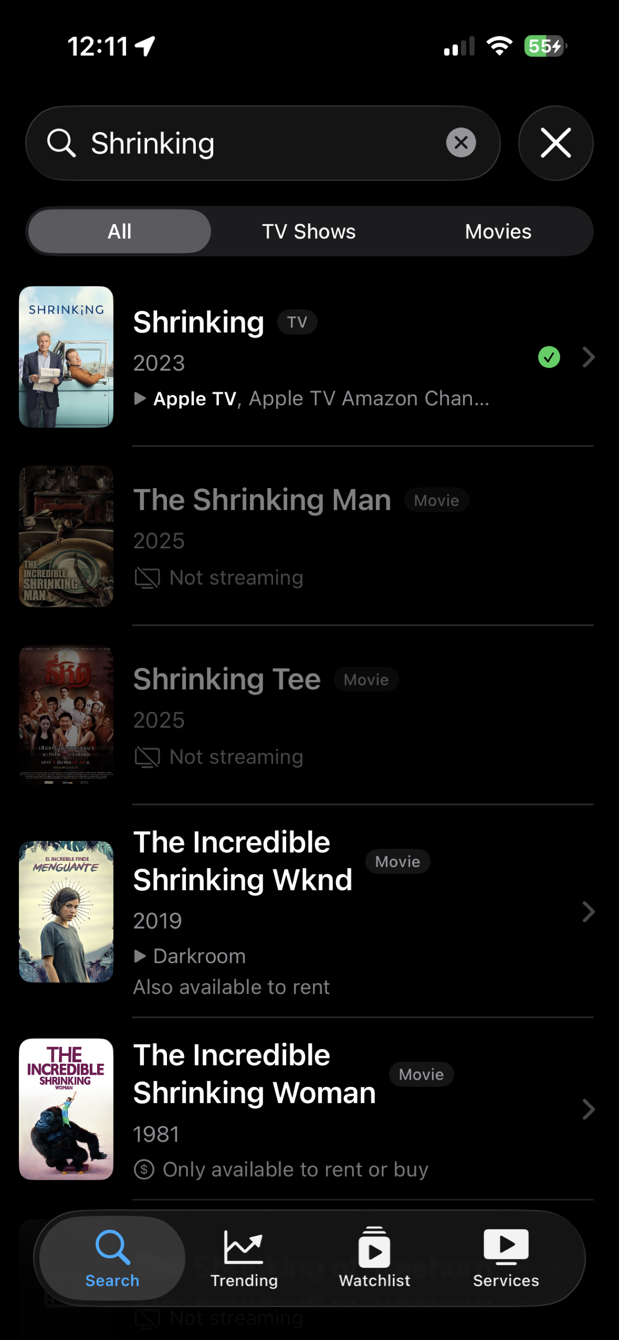 Where Can I Watch? search results showing streaming availability for movies and TV shows