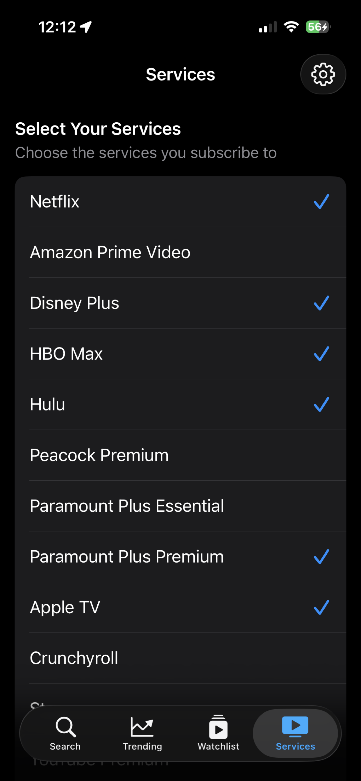 Services selection screen showing Netflix, Disney Plus, HBO Max, Hulu, Apple TV, and more